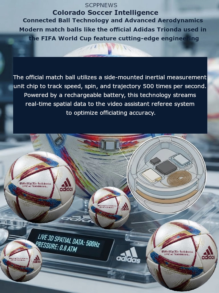 Infographic showing Adidas World Cup 2026 soccer balls Trionda and a cutaway diagram revealing an IMU sensor and battery inside the ball Trionda, with digital readouts of 500Hz spatial data and 0.8 ATM pressure.