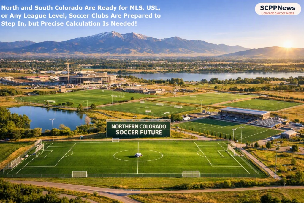 Aerial view of Northern Colorado soccer complex with multiple fields, a stadium under construction, and mountains in the background.
