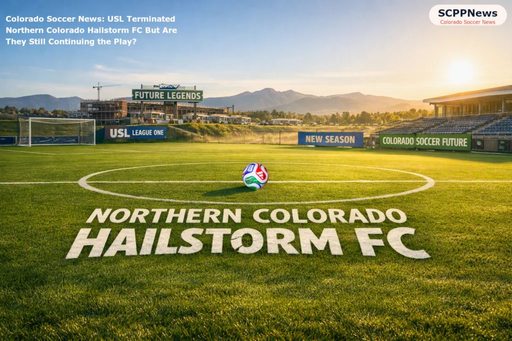 Soccer field at sunset with “Northern Colorado Hailstorm FC” text on the turf and a stadium under construction in the background.