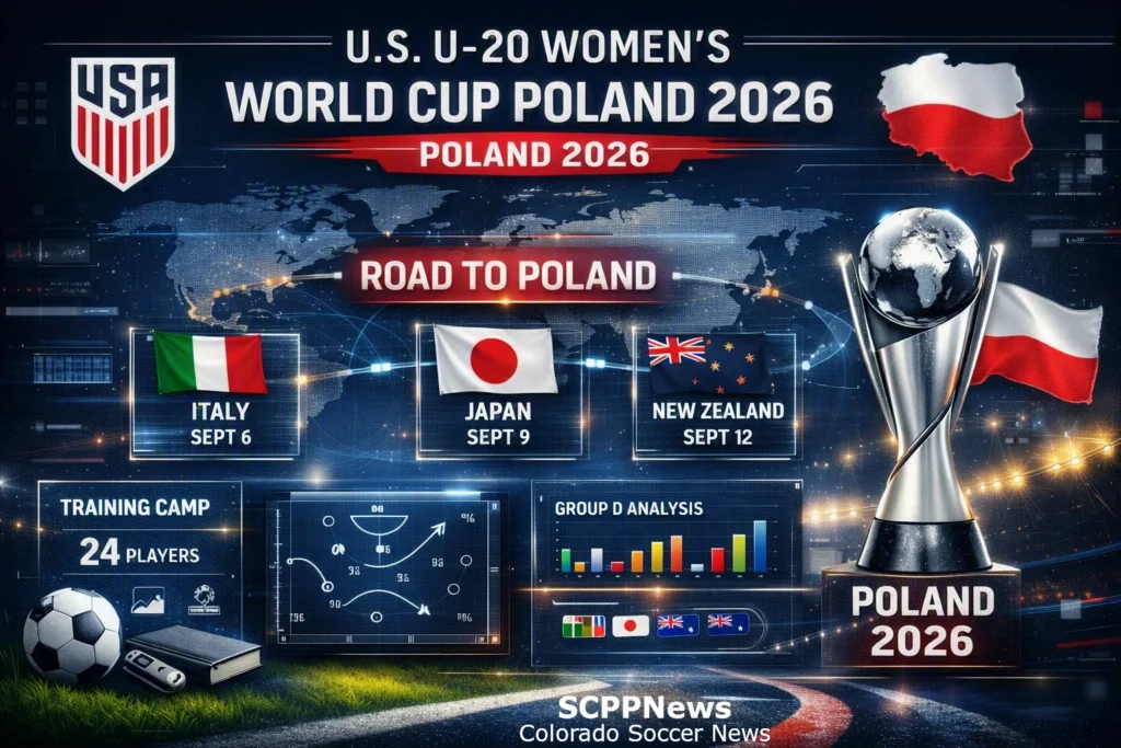 A digital promotional graphic for the U.S. U‑20 Women’s National Team’s journey to the FIFA U‑20 Women’s World Cup Poland 2026. The design features the USA Soccer logo, Polish flag and map, and the World Cup trophy. It highlights upcoming matches against Italy (Sept 6), Japan (Sept 9), and New Zealand (Sept 12), along with training‑camp details for 24 players, tactical diagrams, and a Group D analysis chart. The background shows a glowing world map connecting the countries, symbolizing international preparation and competition.