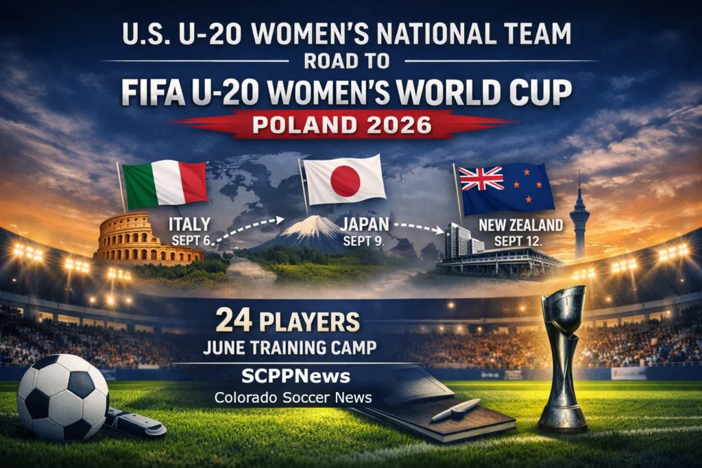 A promotional graphic for the U.S. U‑20 Women’s National Team’s journey to the FIFA U‑20 Women’s World Cup Poland 2026. The design features a stadium background with a soccer ball, whistle, and trophy on the field. Three flags represent upcoming matches against Italy (Sept 6), Japan (Sept 9), and New Zealand (Sept 12), each paired with iconic landmarks. The image highlights the June training camp of 24 players and SCPPNews Colorado Soccer News branding, symbolizing the team’s international preparation and development.