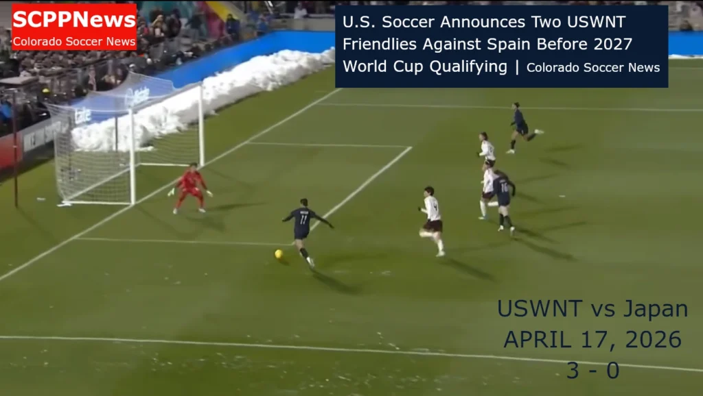USWNT forward takes a shot in snowy conditions as the goalkeeper prepares to defend, with match and news text overlaid.